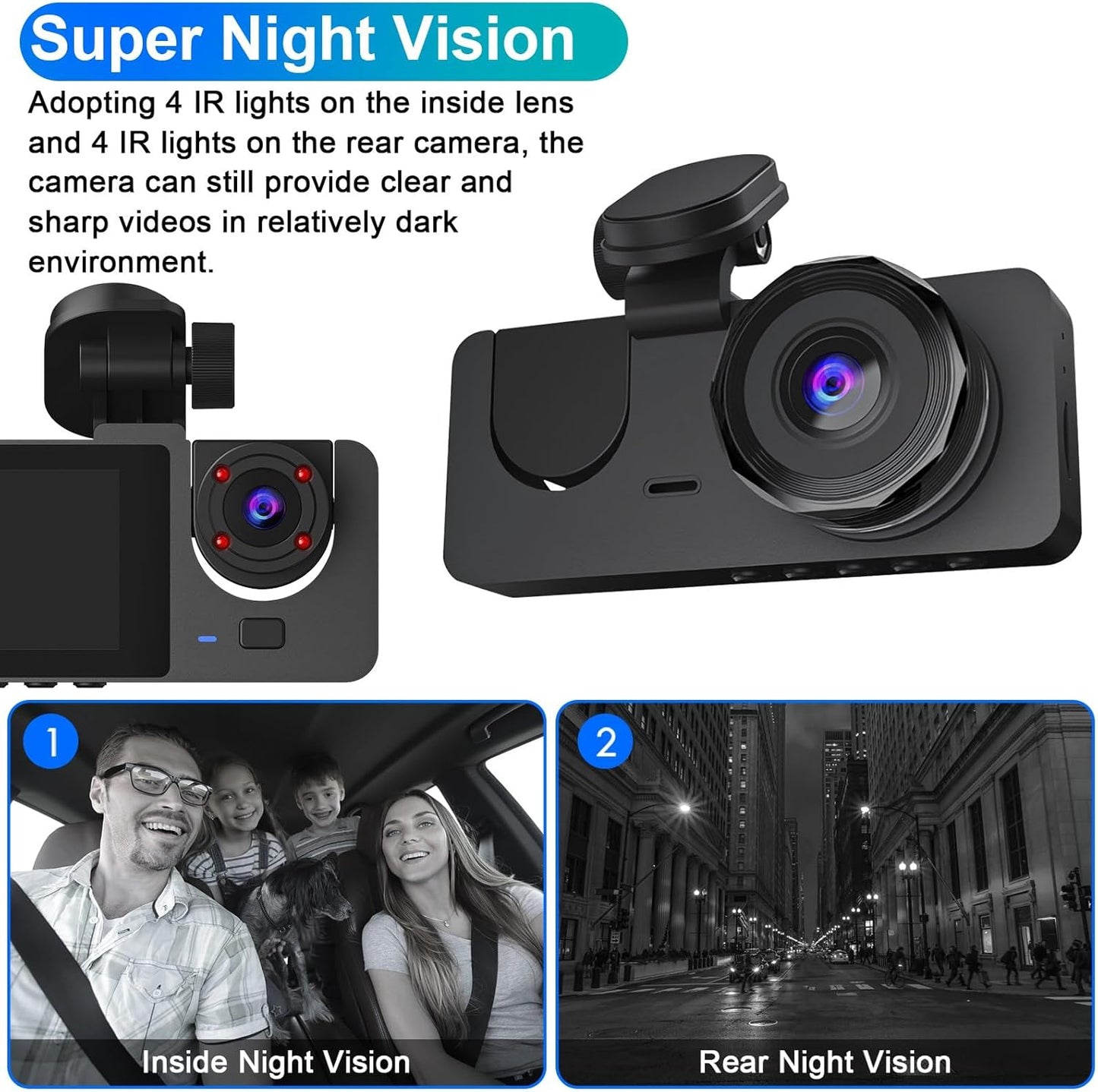 3 Channel Dash Cam Front and Rear Inside,1080P HD Car DVR Dash Camera Video Recorder,Built-in 32G MMC Card,170° Wide Angle,IR Night Vision, Loop Recording, G-Sensor Motion Detection, 24H Parking Mode