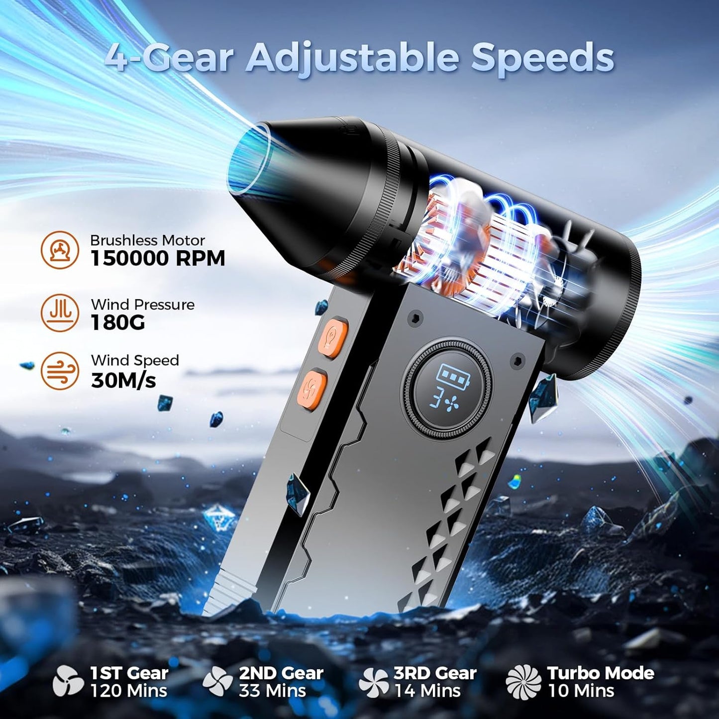 Compressed Air Duster, 150000RPM Electric Air Duster with LED Display & Light, 4 Gear Adjustable Cordless Air Blower, Rechargeable Brushless Motor Turbo Fan for Keyboard, Electronic Devices, Home, Car