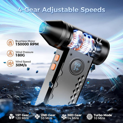 Compressed Air Duster, 150000RPM Electric Air Duster with LED Display & Light, 4 Gear Adjustable Cordless Air Blower, Rechargeable Brushless Motor Turbo Fan for Keyboard, Electronic Devices, Home, Car