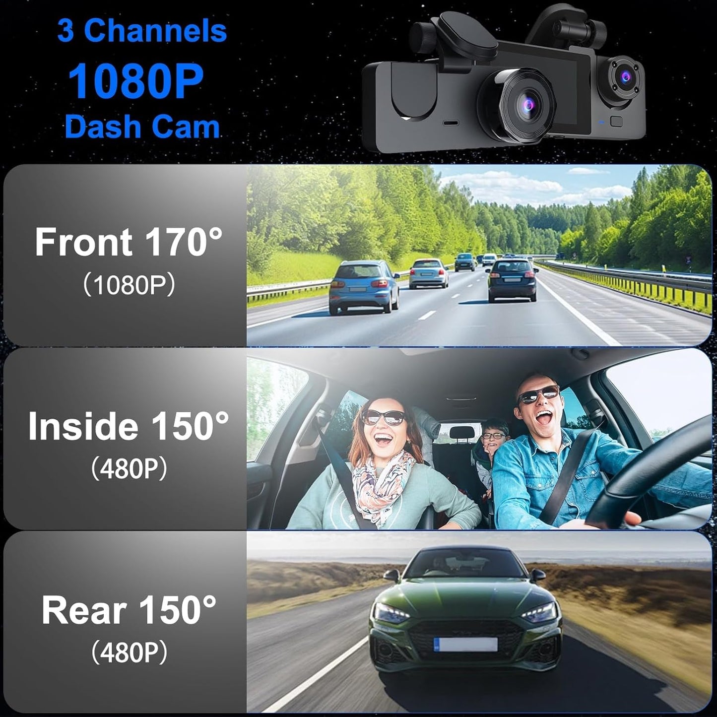 3 Channel Dash Cam Front and Rear Inside,1080P HD Car DVR Dash Camera Video Recorder,Built-in 32G MMC Card,170° Wide Angle,IR Night Vision, Loop Recording, G-Sensor Motion Detection, 24H Parking Mode