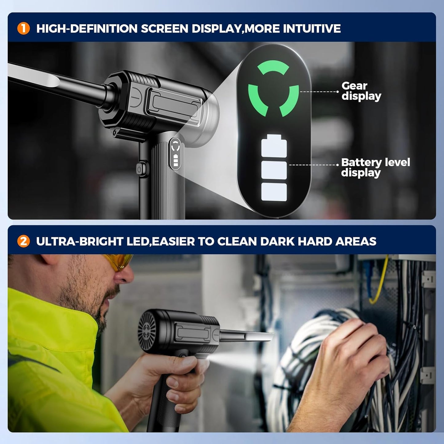 Compressed Air Duster: 100000RPM Electric Air Duster with LED Light Mini Air Blower Rechargeable Cordless Keyboard Cleaning Jet Dry Blower - Car, PC and Home Cleaning Kit Replaces Compressed Air Can