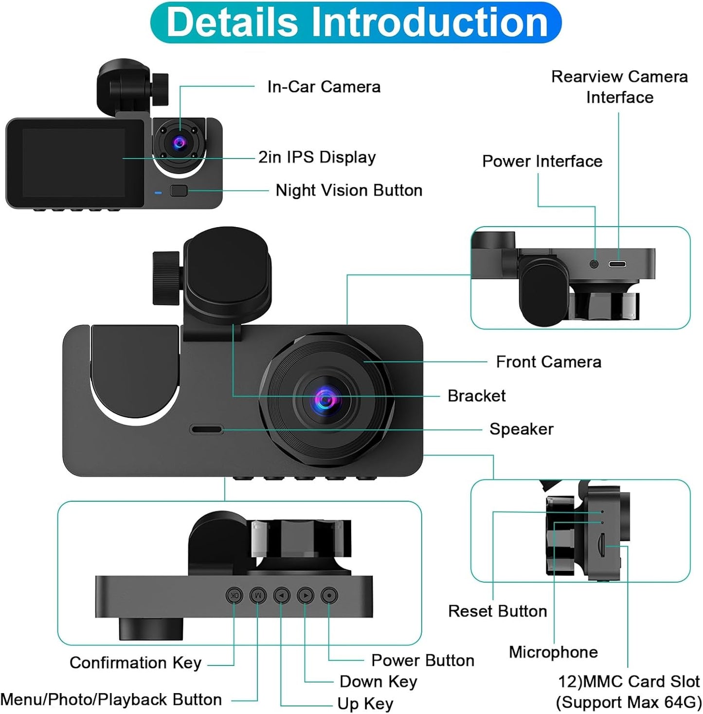 3 Channel Dash Cam Front and Rear Inside,1080P HD Car DVR Dash Camera Video Recorder,Built-in 32G MMC Card,170° Wide Angle,IR Night Vision, Loop Recording, G-Sensor Motion Detection, 24H Parking Mode