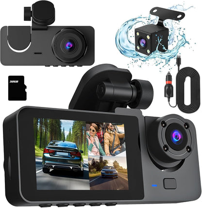 3 Channel Dash Cam Front and Rear Inside,1080P HD Car DVR Dash Camera Video Recorder,Built-in 32G MMC Card,170° Wide Angle,IR Night Vision, Loop Recording, G-Sensor Motion Detection, 24H Parking Mode