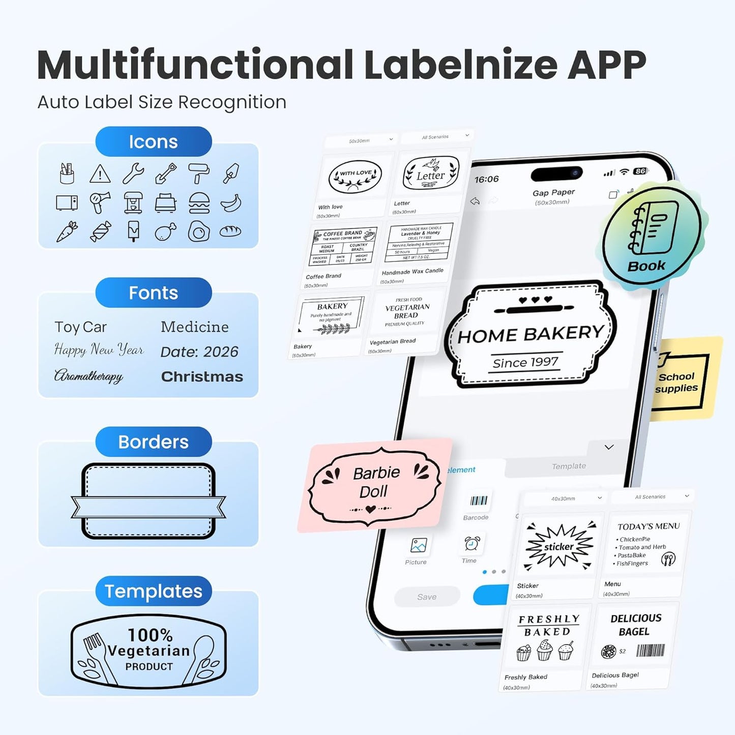 Label Maker Machine with Tape, 2 Inch Label Tape Maker Bluetooth Label Printer, Inkless Portable Label Maker for Home, Kitchen, School, Office Organization, Black