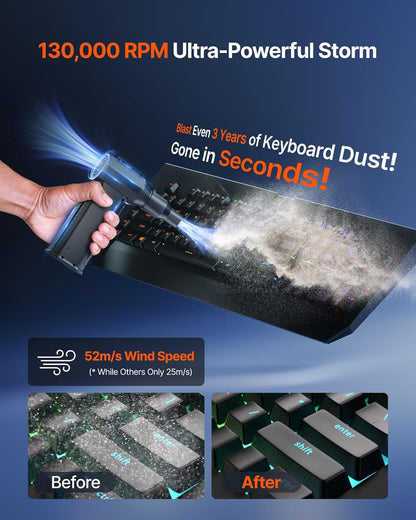 Compressed Air Duster, 130,000RPM Ultra-Powerful Cordless Electric Air Duster with 8000mAh Rechargeable Battery, 4-Gear Adjustable Air Blower for Keyboard, Computer, Car, Home Cleaning